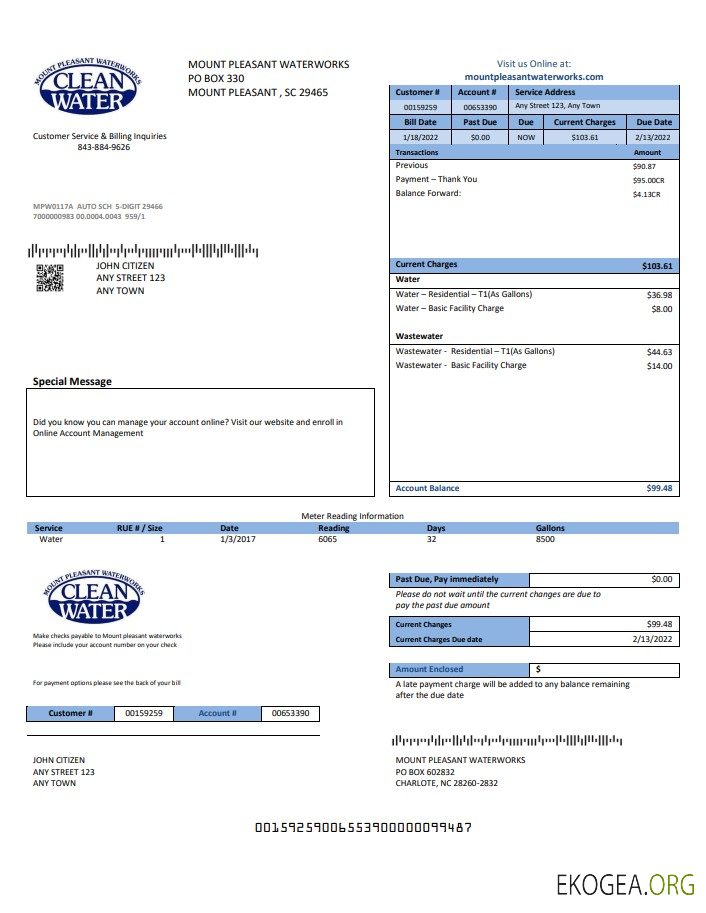 USA Clean Water utility bill template in Word and PDF format